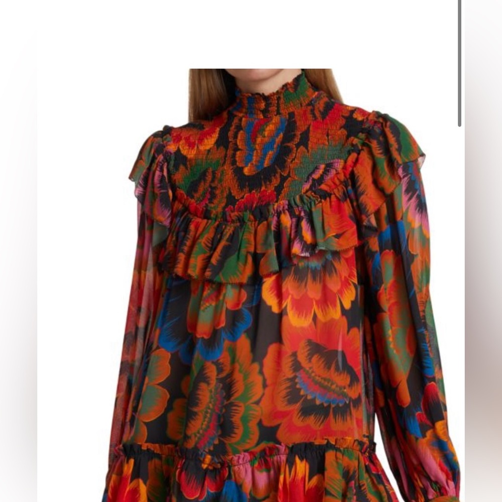 FARM Rio Women’s Orange Chevron Floral Smocked Blouse size Large